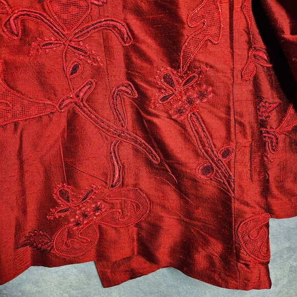Chico's Womens m Silk Embroidered Red Jacket Coat Career Part Open Business - Picture 10 of 14